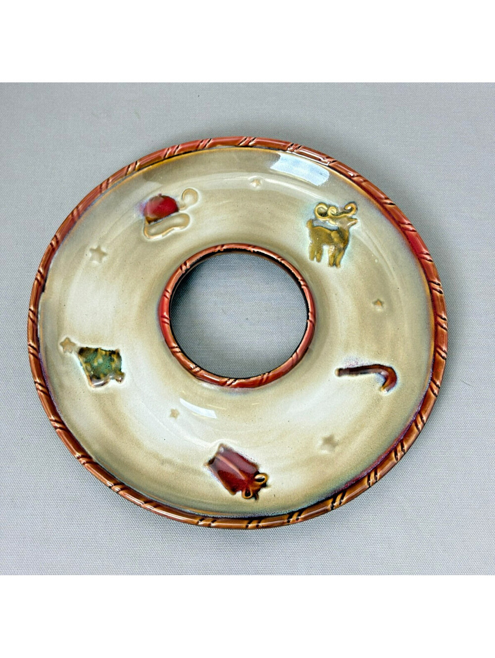 Ceramic Christmas Candle Ring Plate Holder Reindeer Tree Santa Hat 8" 3" Hole